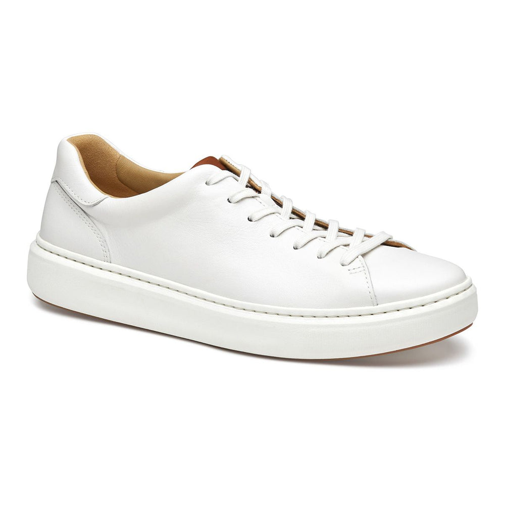 Mens white full-grain leather lace-to-toe sneaker with a thick white sole and tan interior lining. Style #02502768