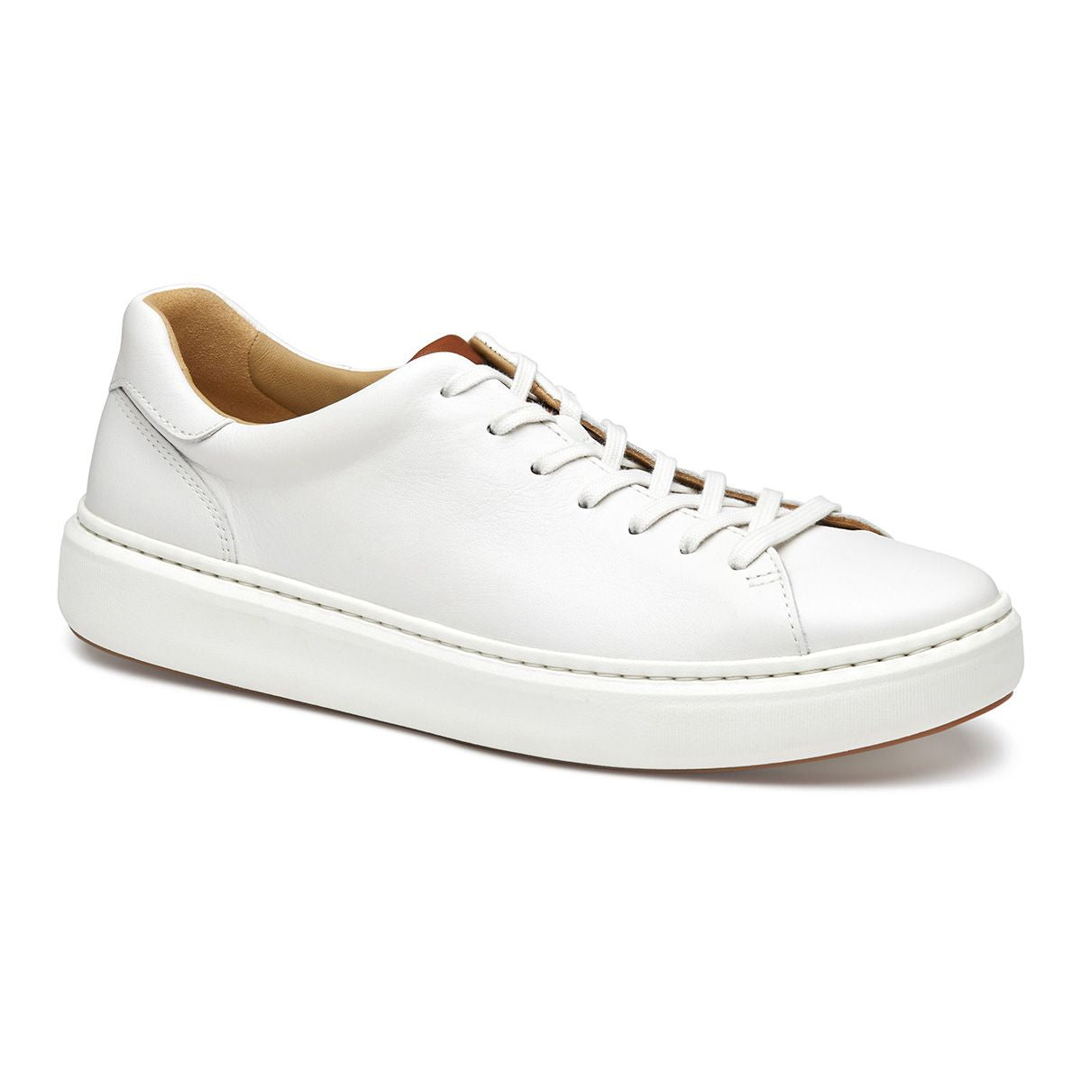 Mens white full-grain leather lace-to-toe sneaker with a thick white sole and tan interior lining. Style #02502768