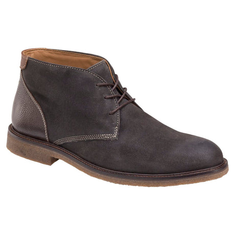 Johnston & Murphy Men's Copeland Chukka Boot in Grey. Johnson & Murphy Copeland Chukka grey, grey chukka boot, memory foam chukka, sheepskin lined boot Canada, crepe sole chukka, all day wear, comfortable boot, soft leather boot, easy on and off boot. Style #25-3019