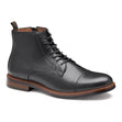 Johnston & Murphy black leather cap-toe boot with lace-up closure, side zip, and contrast welt stitching. Style #20-4608