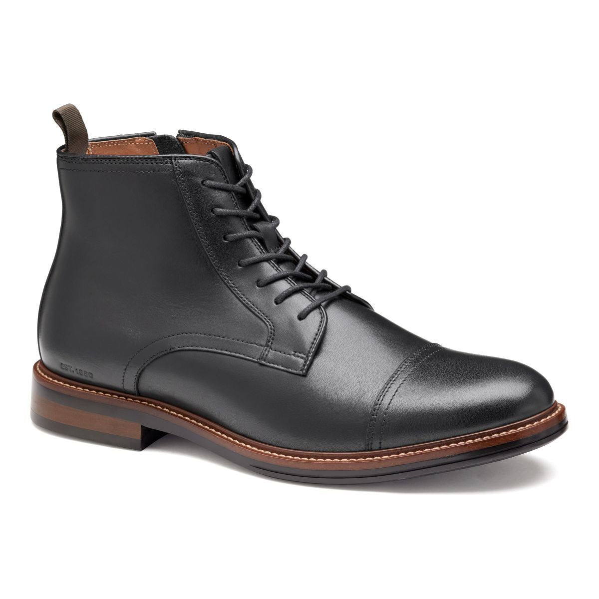Johnston & Murphy black leather cap-toe boot with lace-up closure, side zip, and contrast welt stitching. Style #20-4608