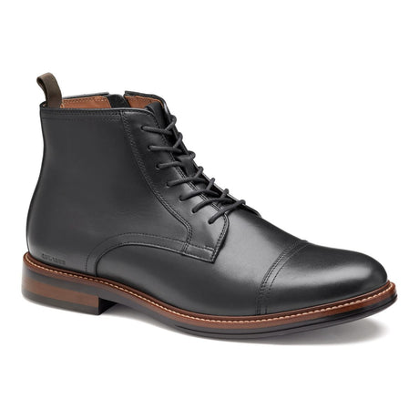 Johnston & Murphy black leather cap-toe boot with lace-up closure, side zip, and contrast welt stitching. Style #20-4608