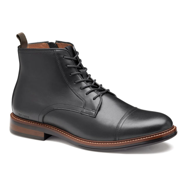 Johnston & Murphy black leather cap-toe boot with lace-up closure, side zip, and contrast welt stitching. Style #20-4608