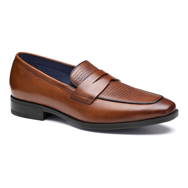 Mens mahogany brown leather penny loafer with a woven vamp detail and a black rubber outsole. Style #01508404