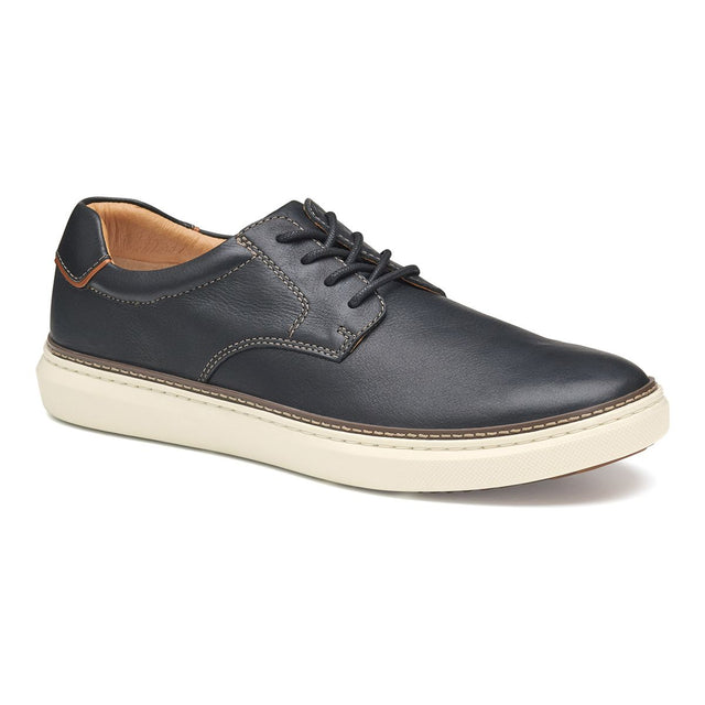 Mens black leather plain-toe lace-up shoe with tan lining and a white rubber outsole. Style #02502985