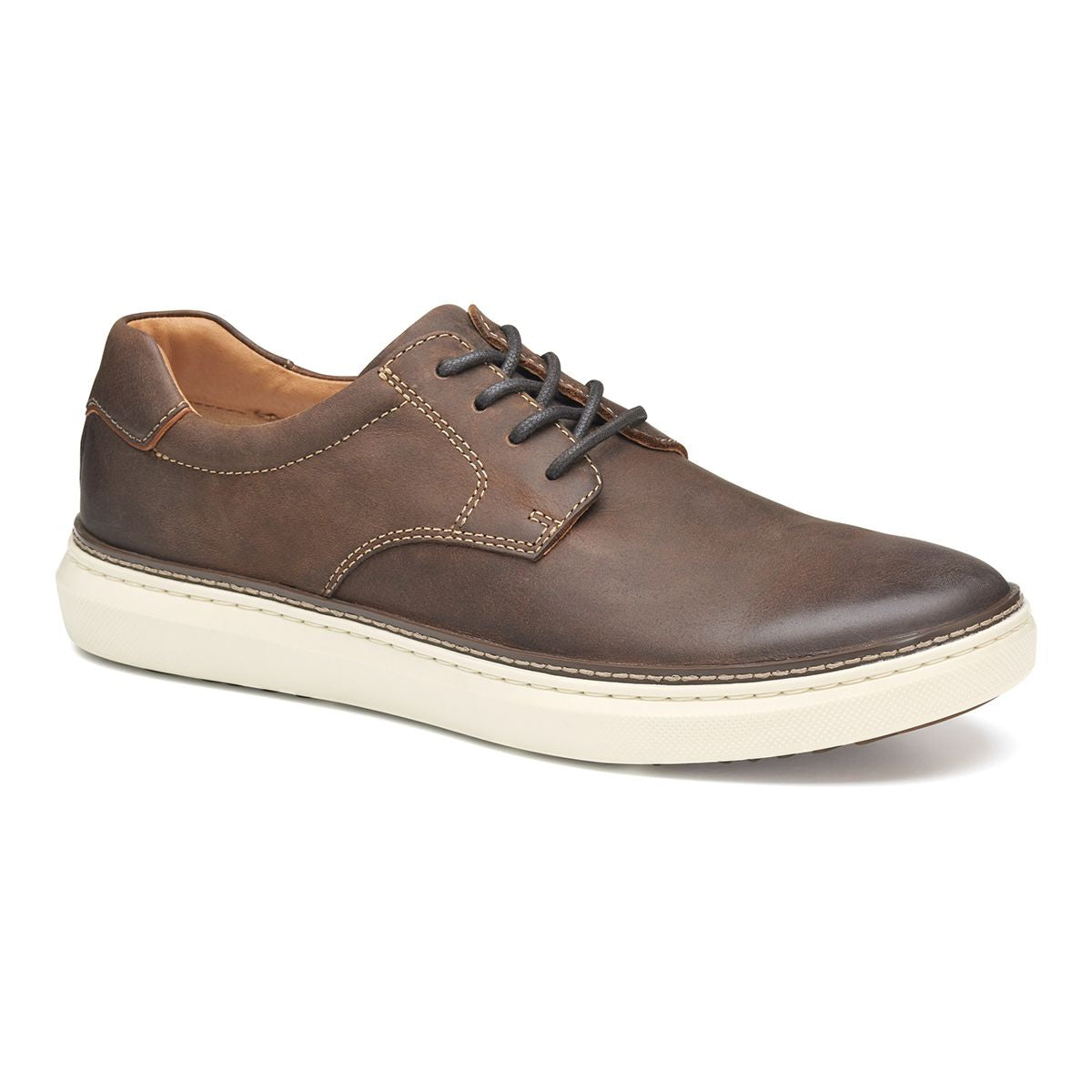 Men's brown leather plain-toe lace-up shoe with contrast stitching and a white rubber outsole. Style #02502980
