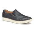 Mens black woven leather slip-on sneaker with a white rubber sole and elastic side gores. Style #02502995