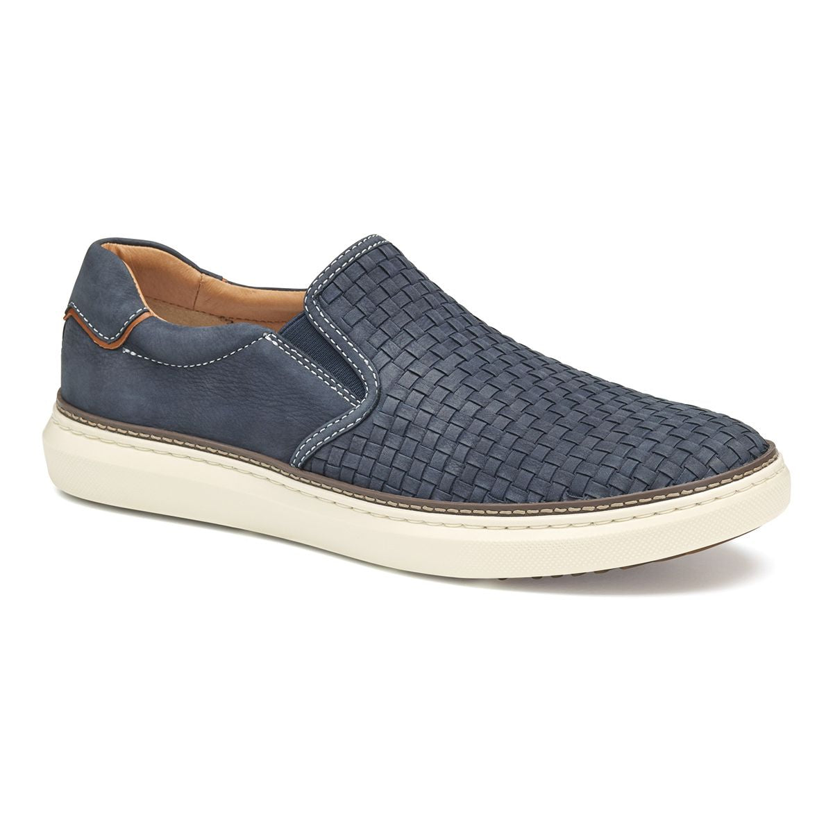 Mens navy woven leather slip-on shoe with a white rubber sole and elastic side gores. Style #02502997