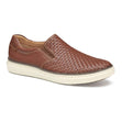 Mens tan woven leather slip-on shoe with white rubber sole, elastic goring, and contrast stitching. Style #02502996