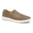 Mens taupe woven leather slip-on shoe with a white rubber sole and elastic side gores. Style #02502990