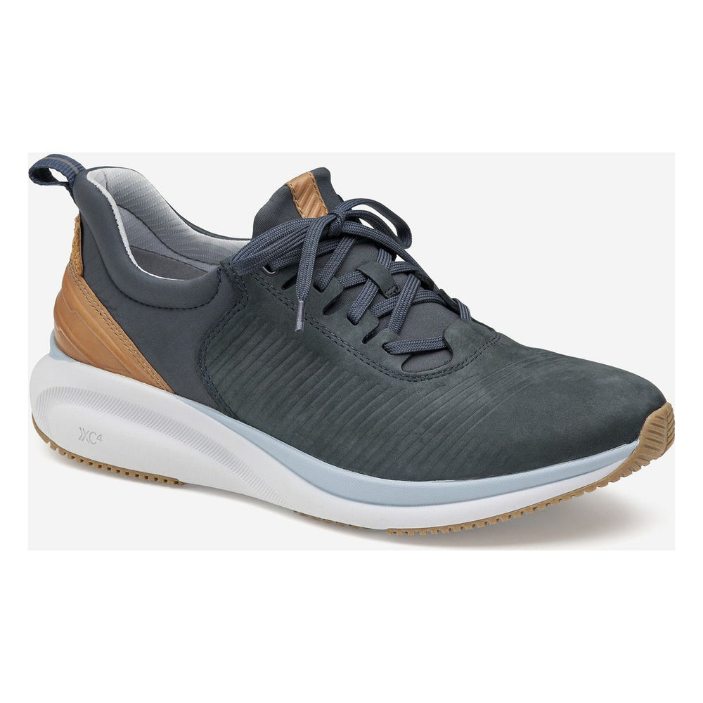 Navy sneaker with brown accents on a white background. Johnston & Murphy XC4 TR1 Luxe men’s navy sneaker with waterproof XC4® tech, TRUFOAM™ cushioning.
