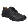 Men’s black leather shoe with wide fit, adjustable Velcro strap, rounded toe, and removable insole. Designed for daily comfort, support, and easy wearability. Style #43360-600