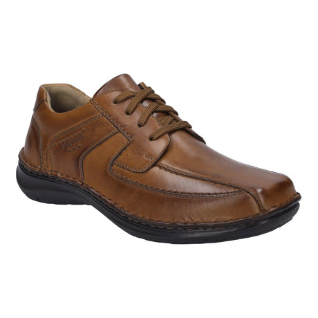 Men's cognac brown leather lace-up shoe with tonal stitching, rounded toe, and a durable black flexible sole. Style #44908-370