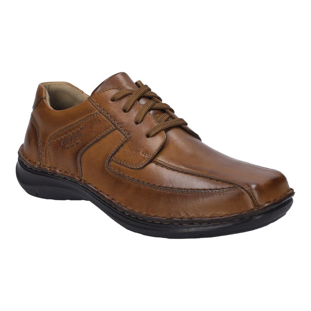 Men's cognac brown leather lace-up shoe with tonal stitching, rounded toe, and a durable black flexible sole. Style #44908-370