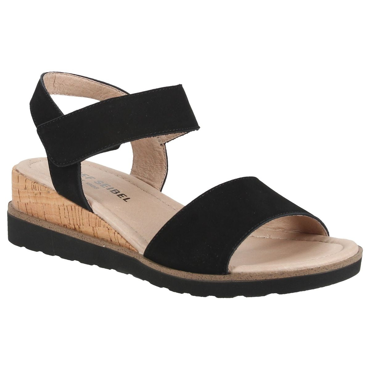 Women’s black nubuck sandal with an adjustable ankle strap, cork-wrapped wedge, and black rubber sole. Style #537861-100