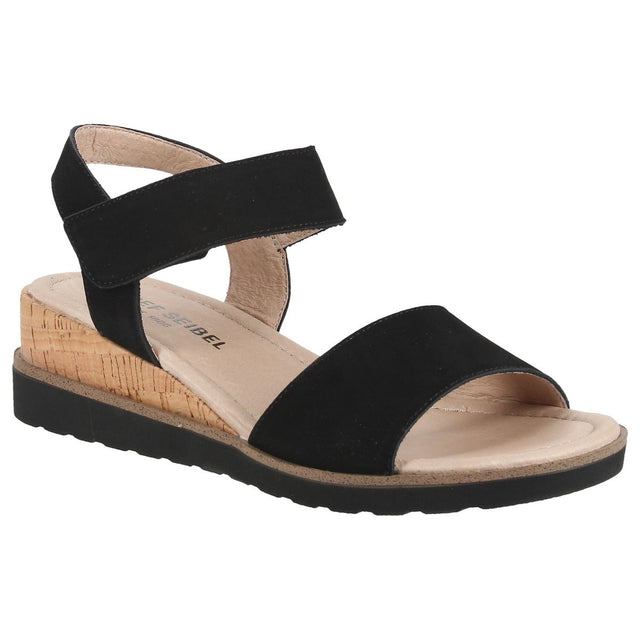 Women’s black nubuck sandal with an adjustable ankle strap, cork-wrapped wedge, and black rubber sole. Style #537861-100
