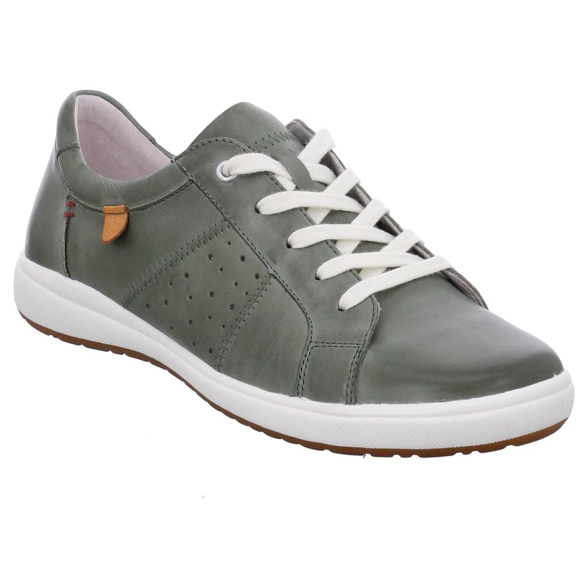 Women’s mint green leather fashion sneaker with white laces, a perforated side panel, and a crisp white sole. Style #67701-3610.