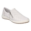 White leather low-top sneaker with white laces, side zipper, and cushioned sole. Lightweight, casual shoe with a clean profile for everyday wear.  Style #67722_133000