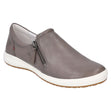 Women’s grey perforated leather slip-on shoe with a side metallic zipper closure and a contrasting white rubber sole. Style #67722-3710