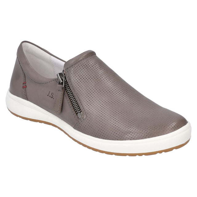 Women’s grey perforated leather slip-on shoe with a side metallic zipper closure and a contrasting white rubber sole. Style #67722-3710