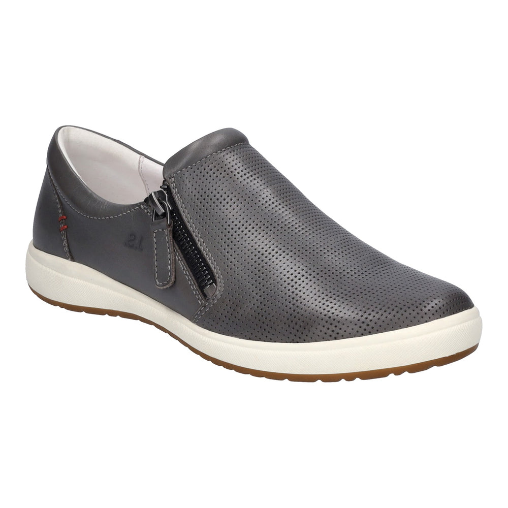 Women’s graphite grey perforated leather slip-on shoe with a side metallic zipper and a white rubber sole. Style #67722-3760