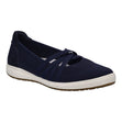 Indigo blue mesh women’s slip-on shoe with criss-cross elastic straps, a suede heel cap, and a white sole. Style #67767-525