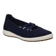 Indigo blue mesh women’s slip-on shoe with criss-cross elastic straps, a suede heel cap, and a white sole. Style #67767-525