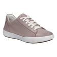 Low-top leather sneaker in matte rose with white rubber sole, lace-up front, and retro cupsole design; soft textile lining and removable insole for comfort. Style #69901_06313