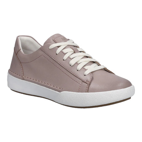 Low-top leather sneaker in matte rose with white rubber sole, lace-up front, and retro cupsole design; soft textile lining and removable insole for comfort. Style #69901_06313