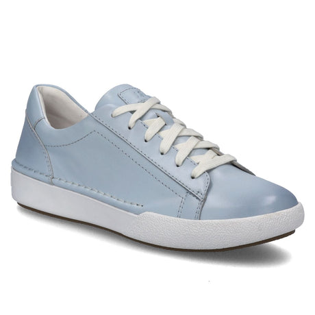 Ice blue leather sneaker with white sole and lace-up front, featuring a low-profile design, padded collar, and vintage-inspired cupsole for sporty casual style. Style #69901_54504
