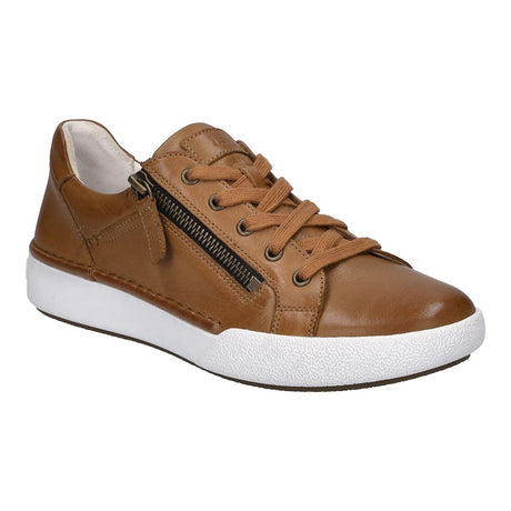 Camel brown leather women's sneaker with a side zipper, tan laces, and a thick white textured sole. Style #69903-3240