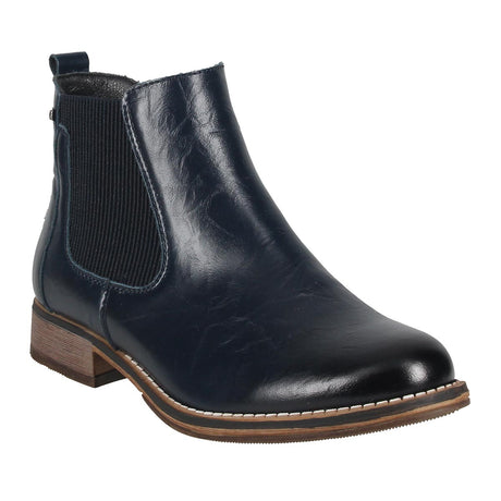 Dark blue leather Josef Seibel Chelsea boot with elastic side panels and a stacked wood-grain heel, 717181-500