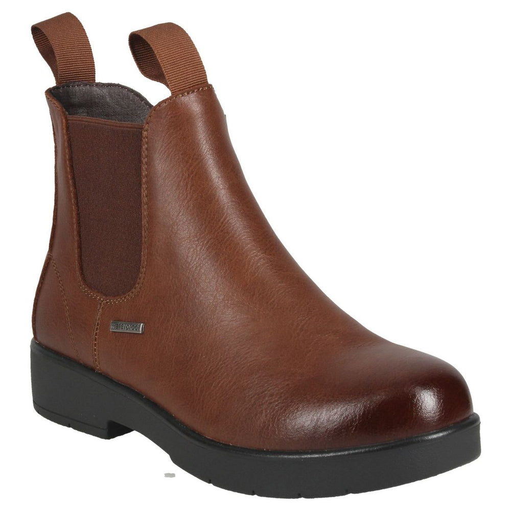 Josef Seibel brandy leather waterproof Chelsea boot with elastic side goring, dual pull tabs, and low heel. Style #731701-300