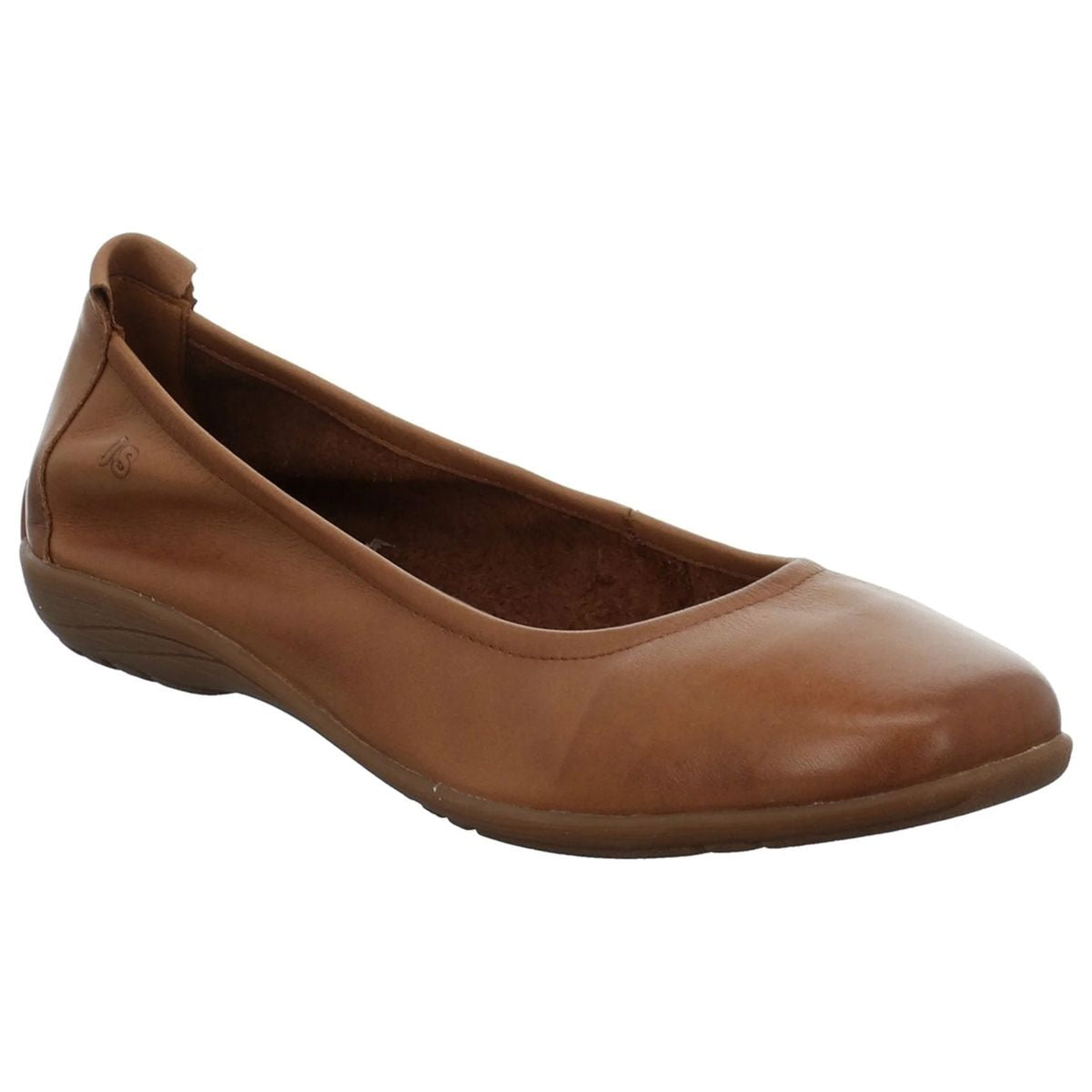 Classic camel brown leather ballet flat with a rounded toe, elasticized topline, and a thin flexible sole. Style #74801-240
