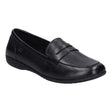 Black leather sandal with two wide adjustable straps across the foot, rear heel pull loop, contoured cushioned footbed with arch support, and low-profile rubber sole designed for all-day comfort. Style #74822-105