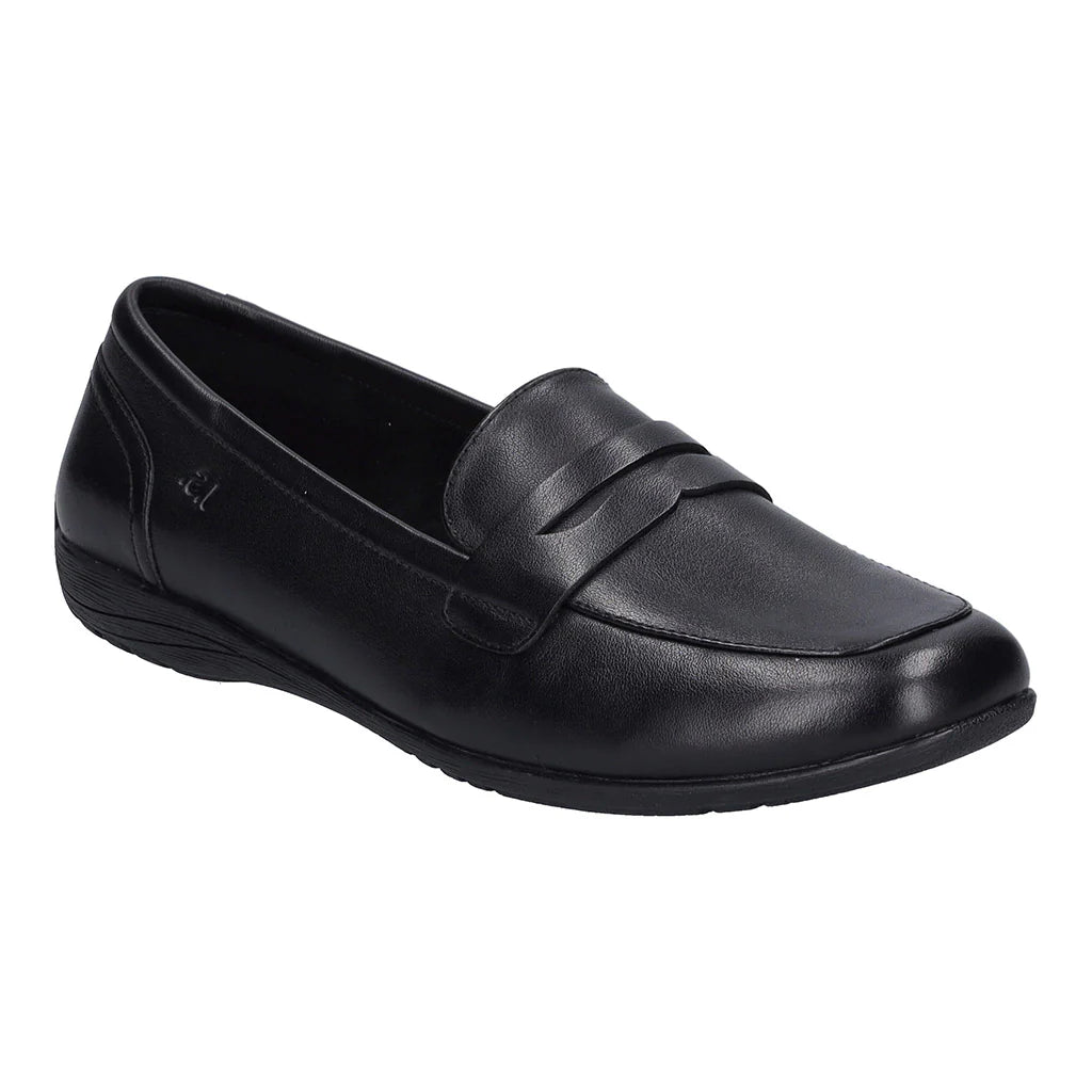 Black leather sandal with two wide adjustable straps across the foot, rear heel pull loop, contoured cushioned footbed with arch support, and low-profile rubber sole designed for all-day comfort. Style #74822-105