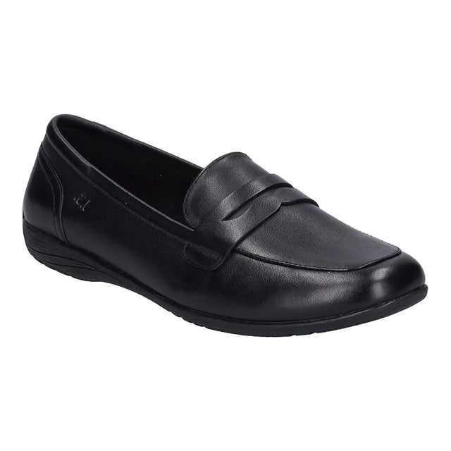 Black leather sandal with two wide adjustable straps across the foot, rear heel pull loop, contoured cushioned footbed with arch support, and low-profile rubber sole designed for all-day comfort. Style #74822-105