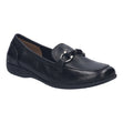 Women's black leather slip-on loafer with a decorative silver horsebit ornament and a black rubber sole. Style #74834-105