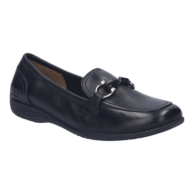Women's black leather slip-on loafer with a decorative silver horsebit ornament and a black rubber sole. Style #74834-105