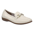 Women's creme leather loafer featuring a gold horsebit ornament on the vamp and a brown rubber sole. Style #74834-8230