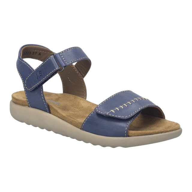 Women’s blue leather sandal with two adjustable straps, cream stitching, and a tan contoured footbed. Style #78223 11 500