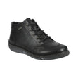 Black leather ankle boot with side zipper, round toe, low heel, and textured TR outsole. Features waterproof construction and removable footbed for versatile, weather-ready wear. Style #785101-100