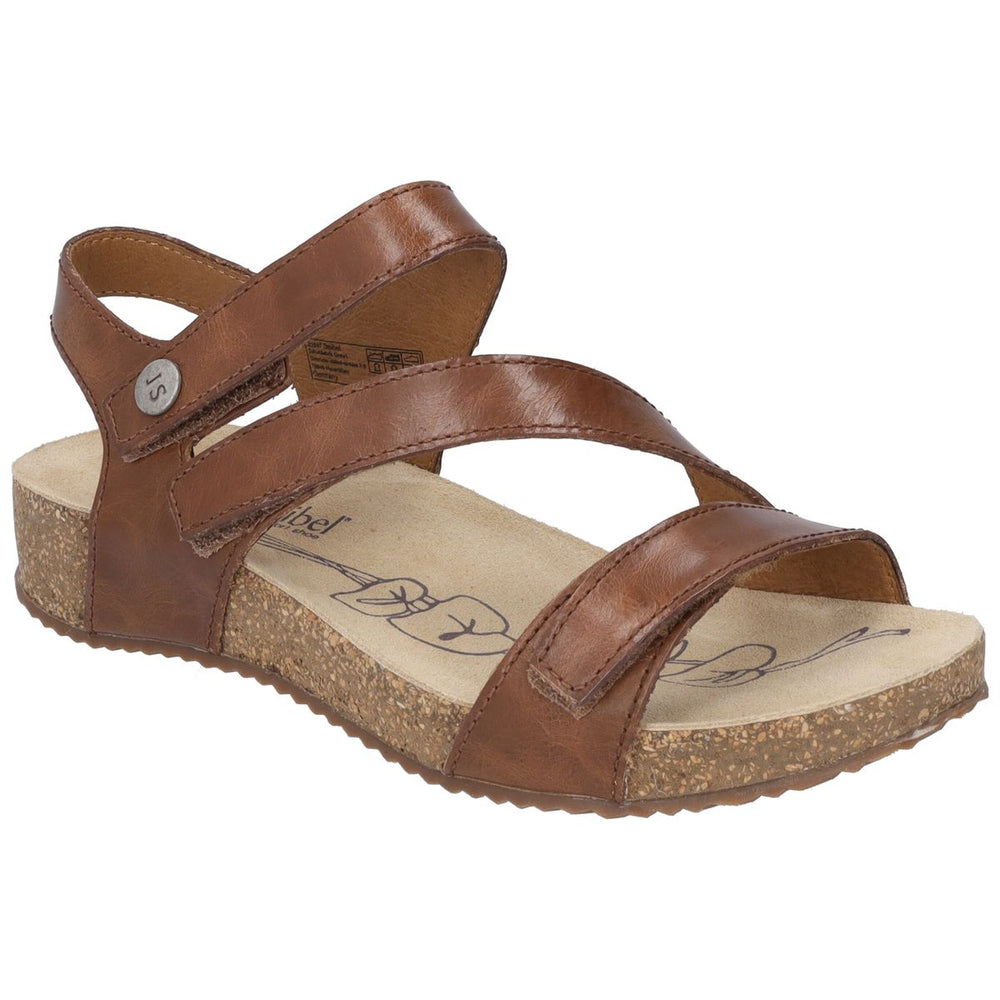 Women's brown leather sandal with three adjustable straps, a cork-textured midsole, and a tan footbed. Style #78519-480.
