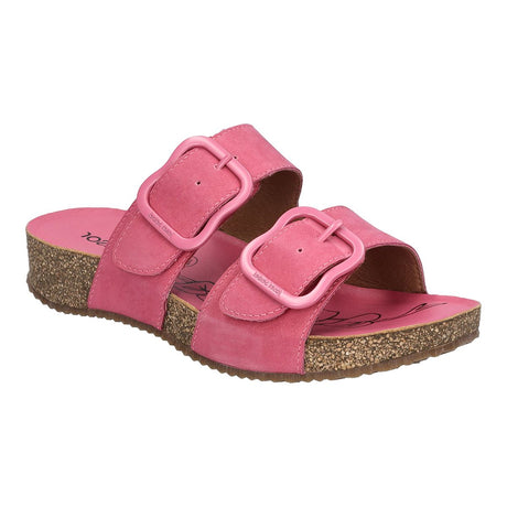 Pink leather sandal with two adjustable straps, contoured cork footbed, open toe, and lightweight TR outsole. Designed for breathable comfort and everyday support. Style #78564_423