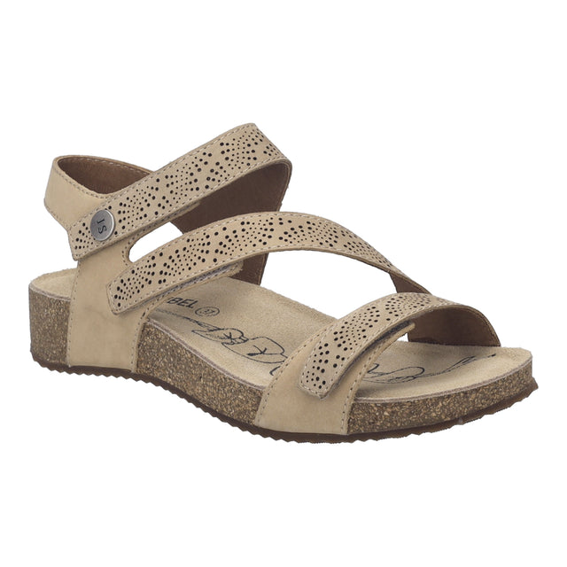 Women's beige leather sandal with perforated straps, hook-and-loop closures, and a cork-wrapped wedge sole. Style #78578-0200