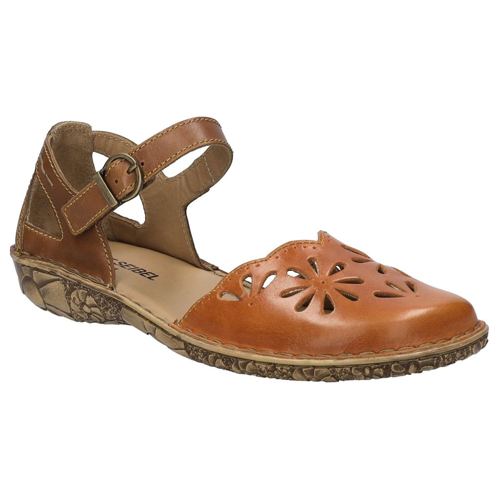 Women’s orange leather closed-toe sandal with floral cut-outs, ankle strap buckle, and a textured sole. Style #79504-841