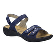 Women's blue leather sandal with three adjustable straps, silver stud accents, and a black wedge sole. Style #86786-530