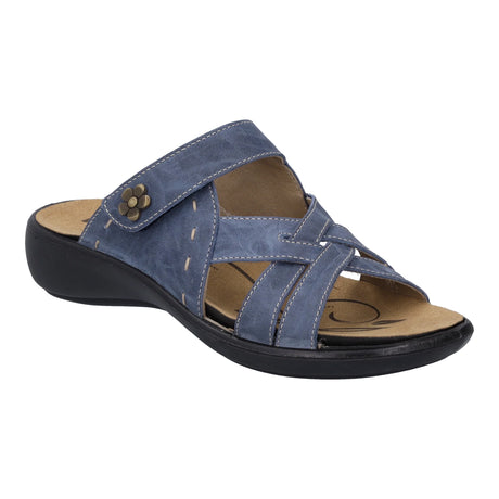 Blue leather slide sandal with adjustable instep strap, contrast stitching, floral hardware detail, and a removable cushioned footbed. Flexible and supportive for casual warm-weather wear. Style #86799-505
