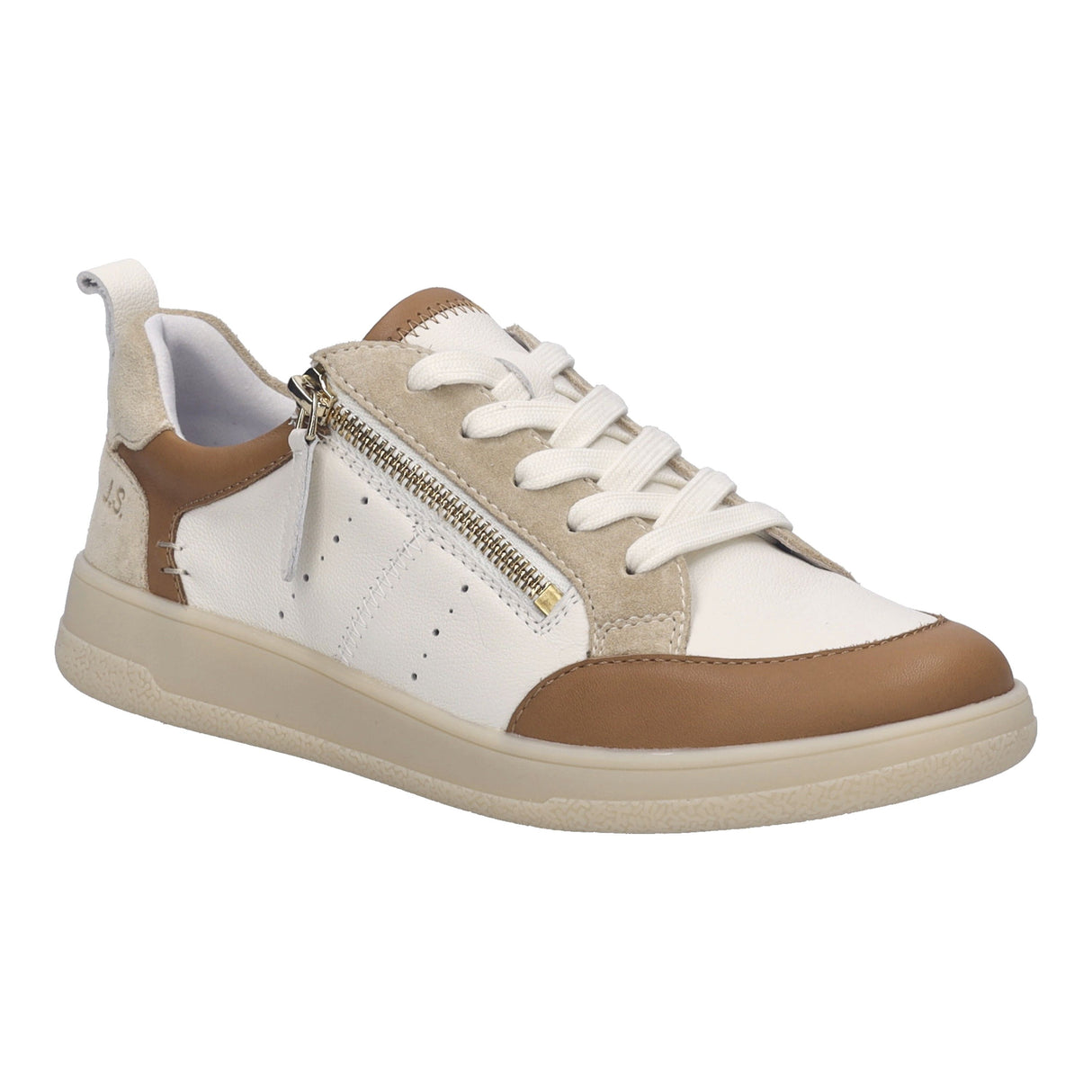Women's white leather sneaker with tan and beige accents, white laces, a gold side zipper, and cream sole. Style #94505-4242