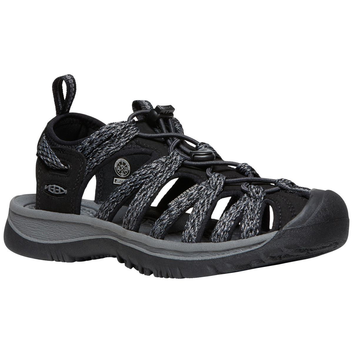 Women’s black and grey waterproof sport sandal with a bungee lace system and protective toe bumper. Style #1028815